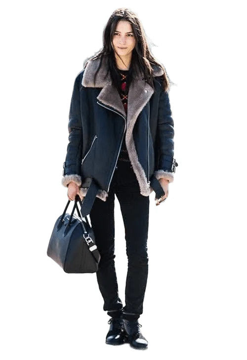 Winter Warrior Womens Black Aviator Jacket with Soft Grey Shearling