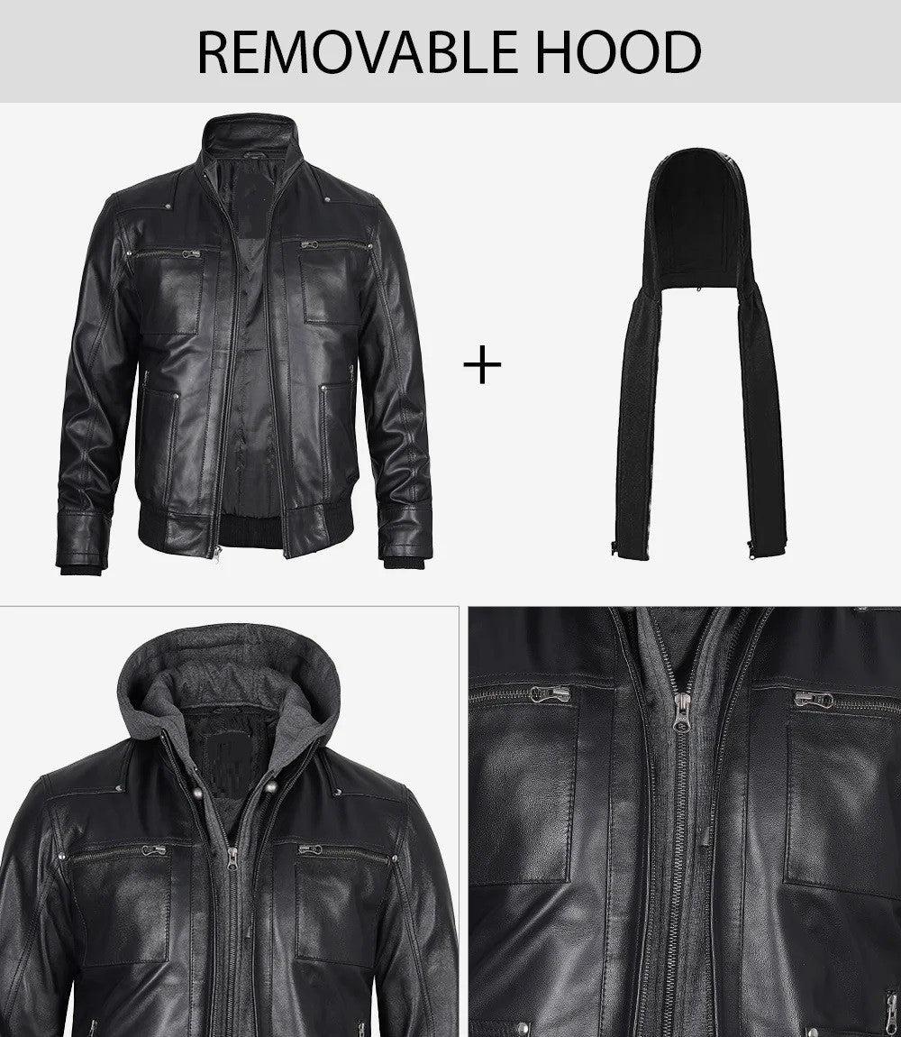 Mens Black Leather Bomber Jacket, Street-Ready Look with Removable Hood
