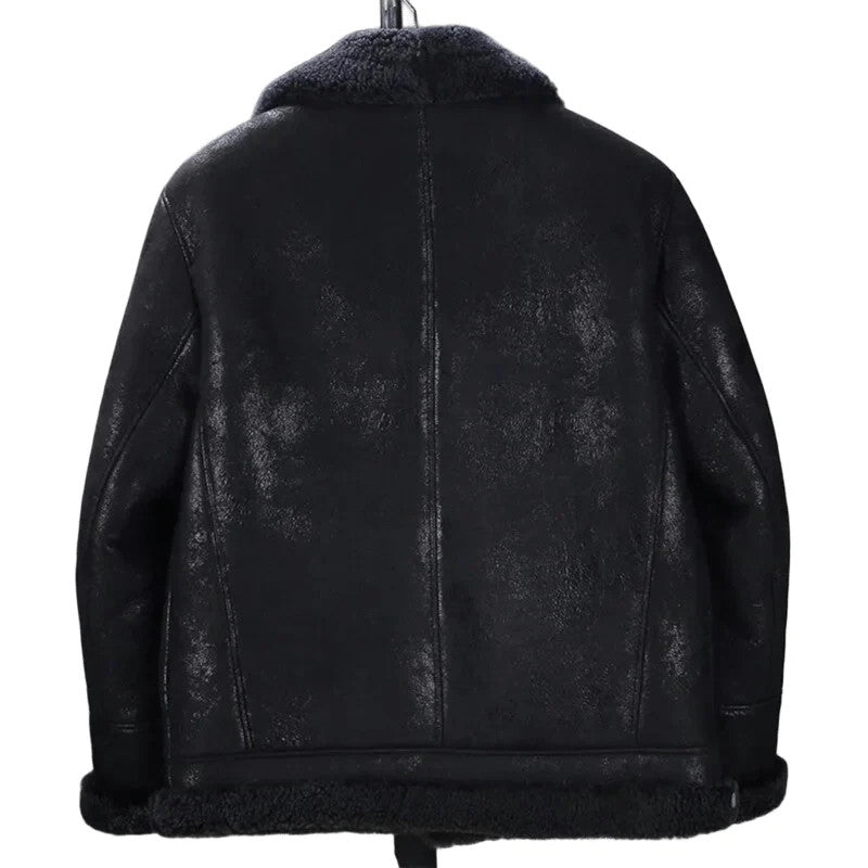 Black Wolf B3 Shearling Bomber Jacket, Crack-Textured Leather, Winter Style