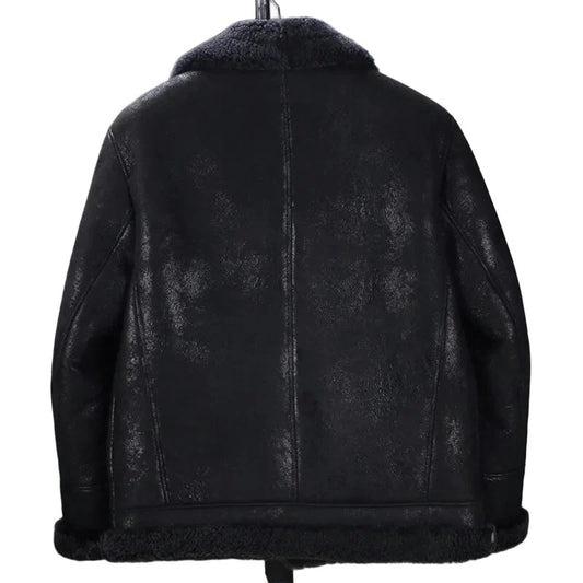Black Wolf B3 Shearling Bomber Jacket, Crack-Textured Leather, Winter Style