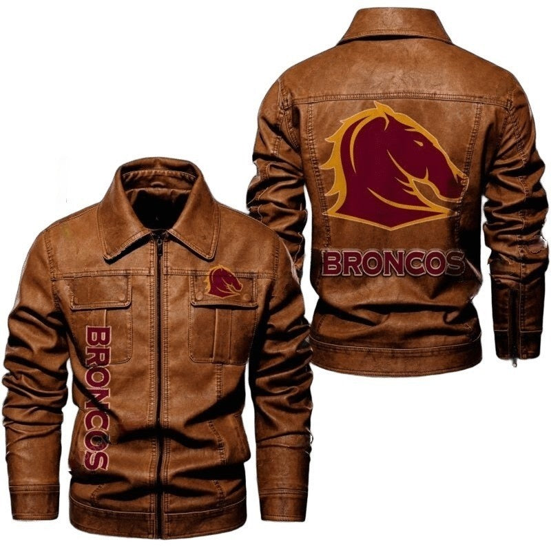 Broncos Leather Jacket Flap Pocket Design with Iconic Team Sticker Patches