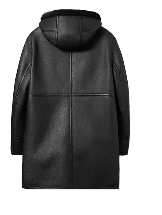 Shadowline Detective Trench Black Leather Coat, Hooded Shearling Winter Jacket