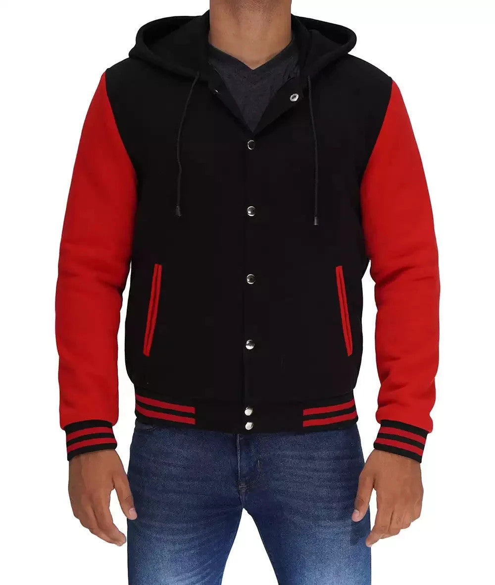 Salerno Black and Red Men’s Jacket, Hooded Varsity Look with Modern Edge