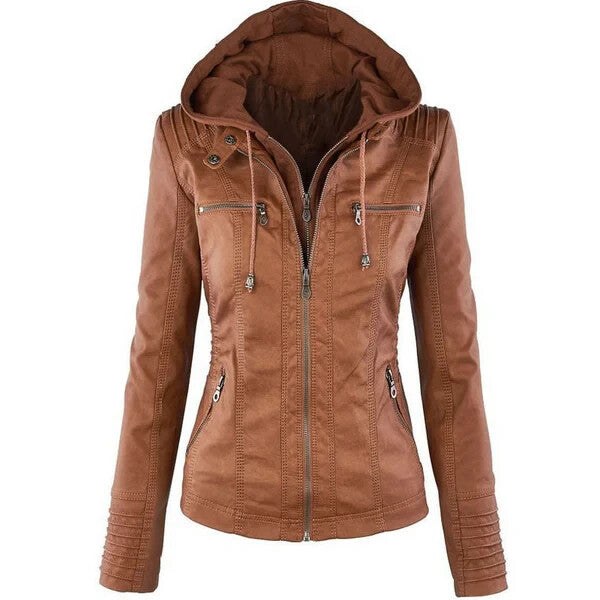 Women Leather Jacket Genuine Biker Moto Removable Hooded Leather Jacket