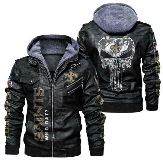 Orleans Saints Leather Jacket, Biker Bomber Hooded Coat with Sticker Patch