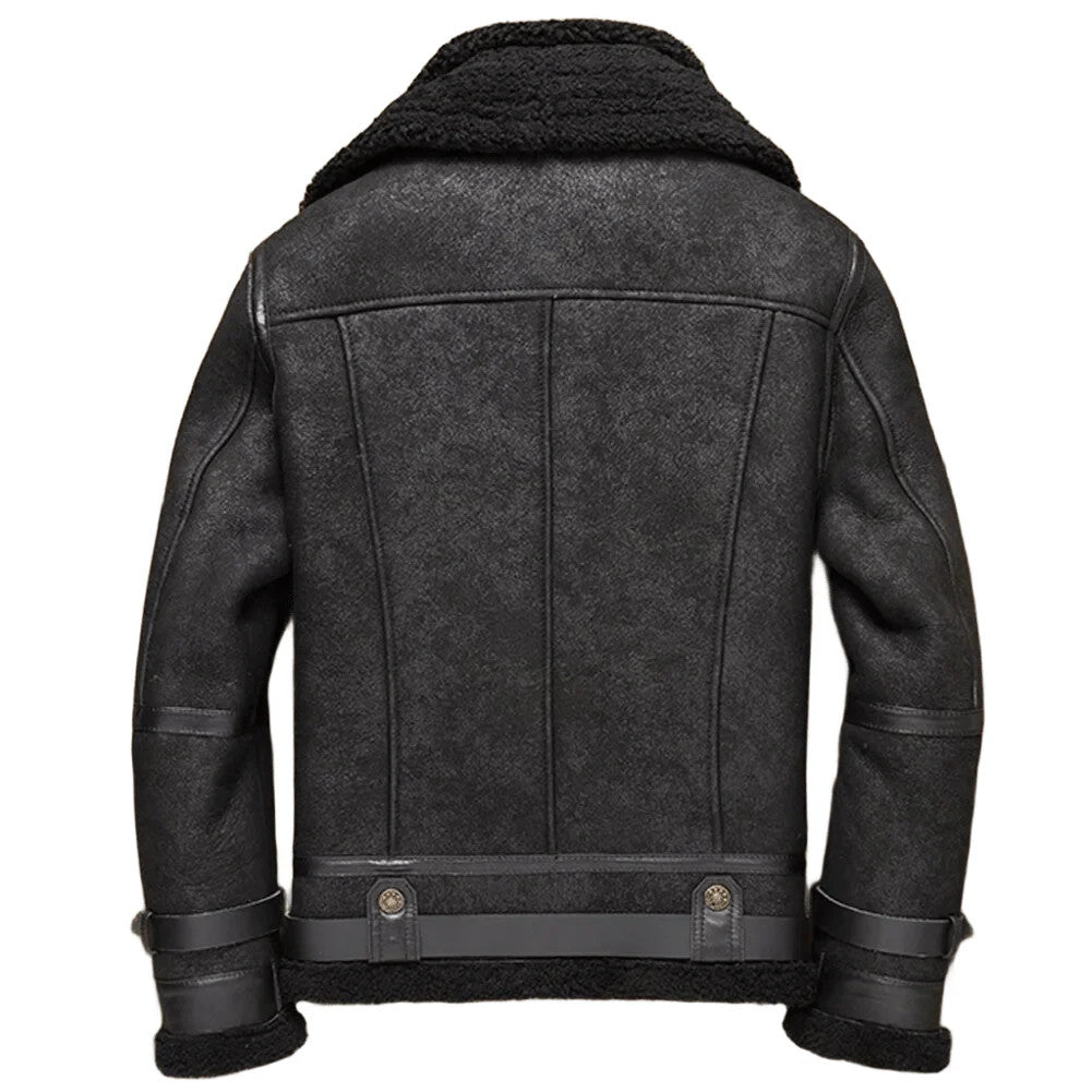 Frost Sentinel Mens B3 Jacket Black Shearling Leather, Winter Fur Coat