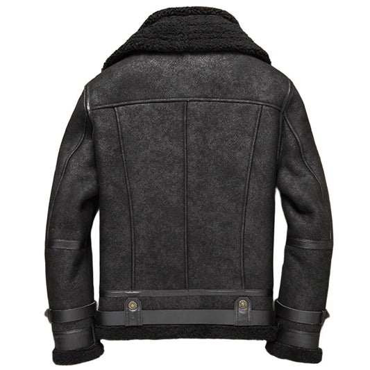 Frost Sentinel Mens B3 Jacket Black Shearling Leather, Winter Fur Coat