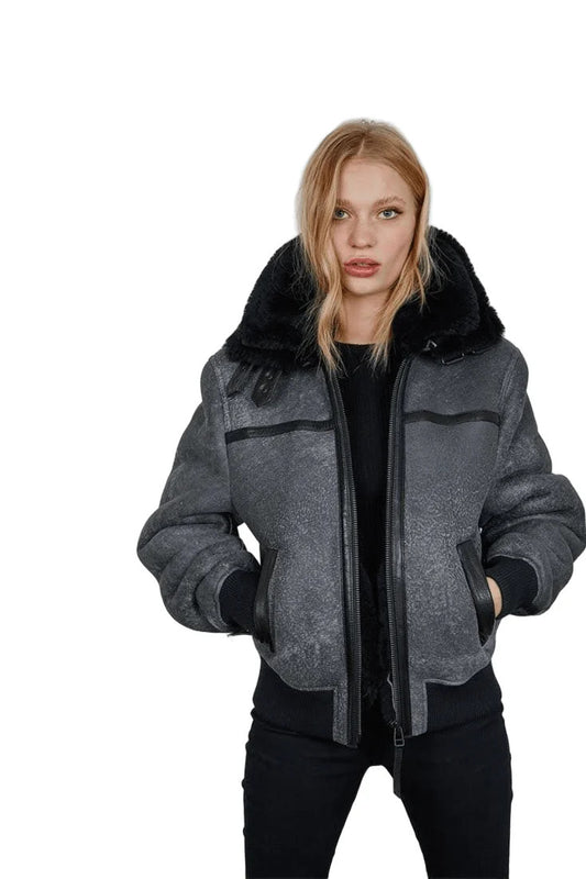 Skyfall Stone Womens Shearling Leather Jacket, Cosmic Warmth and Vintage Edge