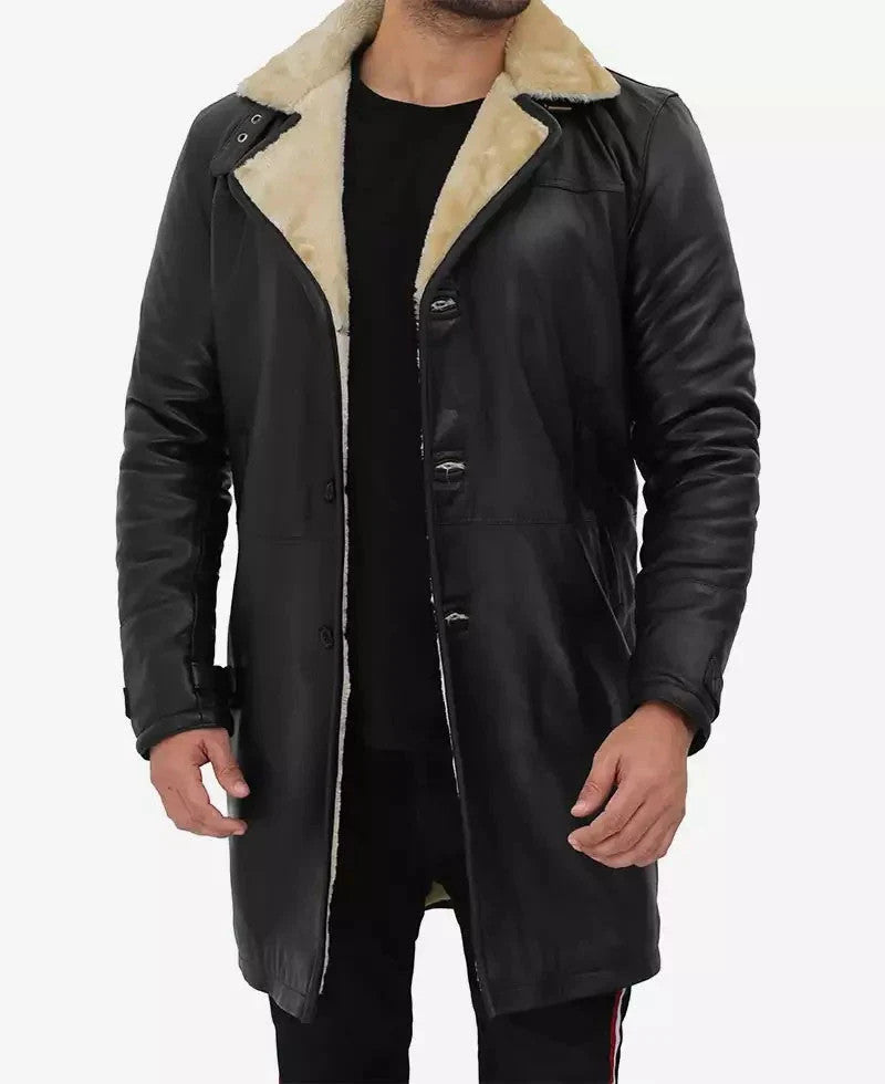 Mens Black Leather Fur Trimmed Coat, Warm Shearling Lined Overcoat