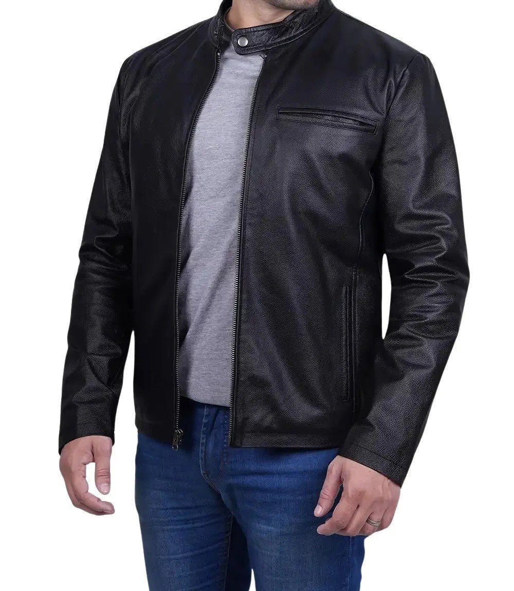 Mens Black Leather Biker Jacket, Heavy-Duty Motorcycle Riding Gear