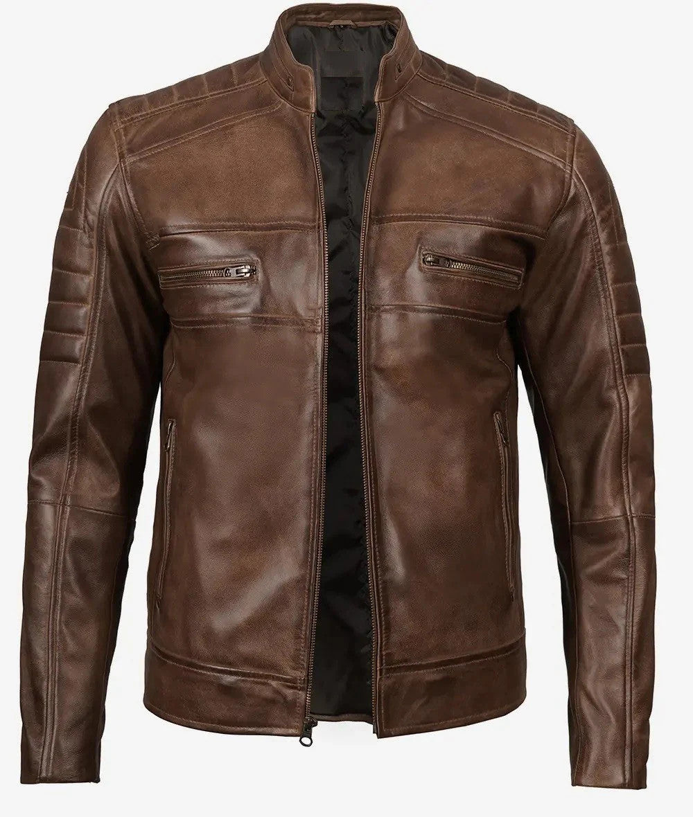 Lowridge Mens Distressed Coffee Brown Café Racer Leather Jacket