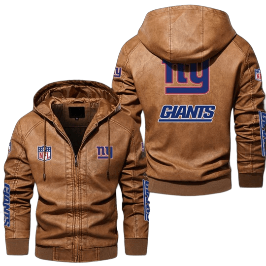 New York Giants NFL Leather Hooded Bomber Jacket, Stylish Sticker Patch Design