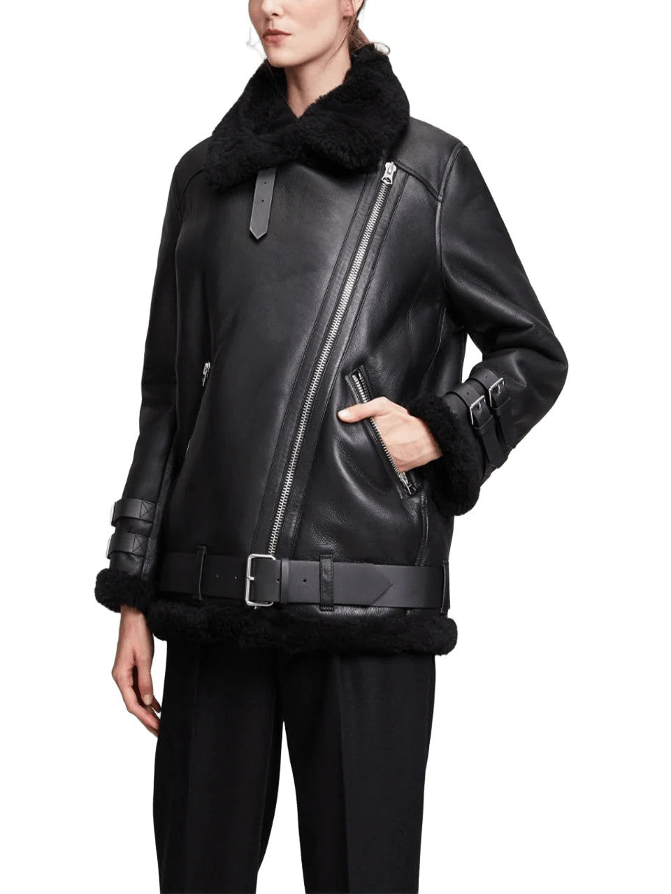 Midnight Maverick Womens Black Shearling Moto Jacket, Buckled and Bold