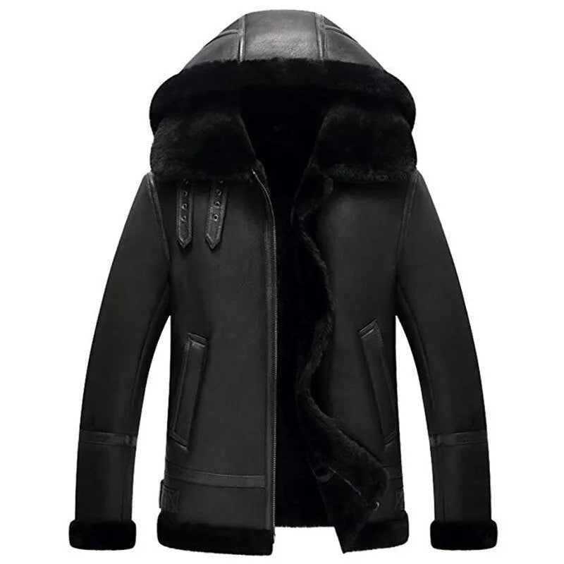 Northern Outpost Mens Hooded Shearling Bomber Real Sheepskin Flight Gear