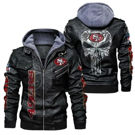 San Francisco 49ers Leather Hoodie Jacket, Bomber Style with Skull and Patches