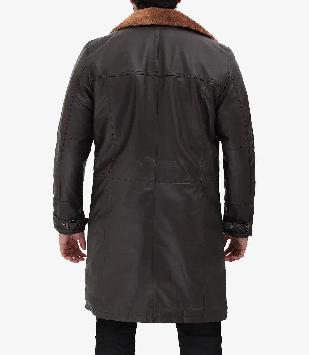 Mens Dark BrownLeather Fur Trimmed Coat, Warm Shearling Lined Overcoat