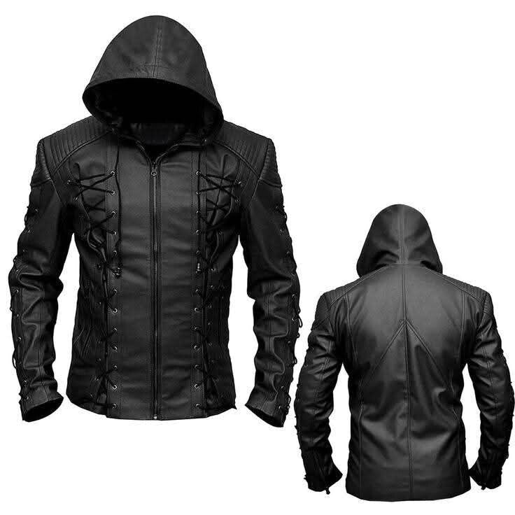 Green Arrow Black Roy Harper Mens Leather Hooded Jacket