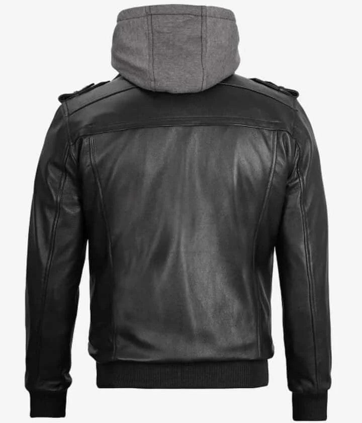 Mens Black Leather Bomber Jacket with Hood Street Style
