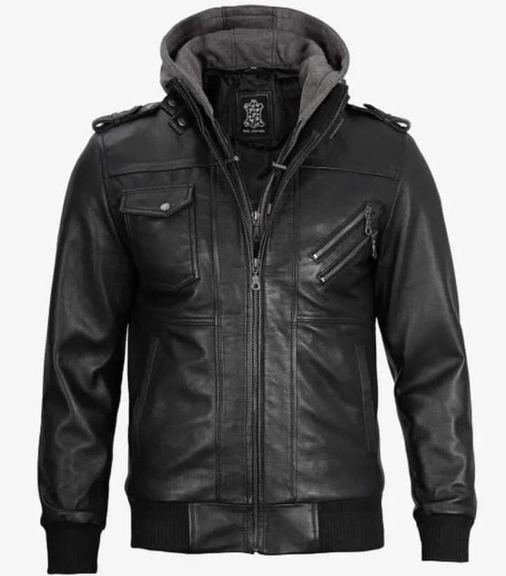 Mens Black Leather Bomber Jacket with Hood Street Style