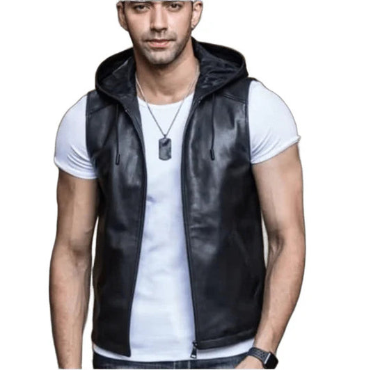Men’s Black Sleeveless Leather Vest with Hood, Biker Style