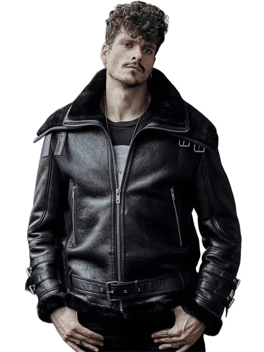 Dark Horizon Black B3 Shearling Jacket, Airforce Bomber with Twin Fur Collar