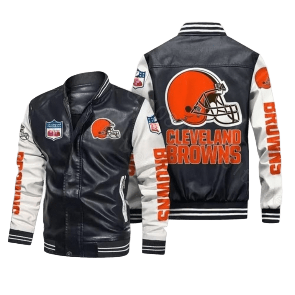 Cleveland Browns NFL Leather Bomber Jacket, Mens Premium Fan Apparel w/ Sticker