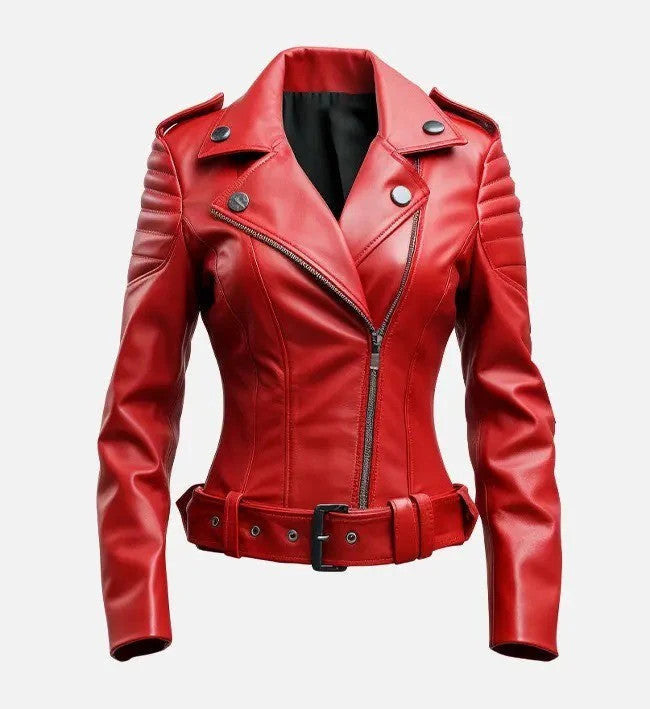 Scarlet Moto Queen Womens Quilted Shoulder Red Leather Biker Jacket