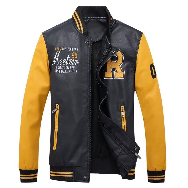 Casual Mens Leather Baseball Jacket, Zip-Up with Cool Patch and Stand Neck