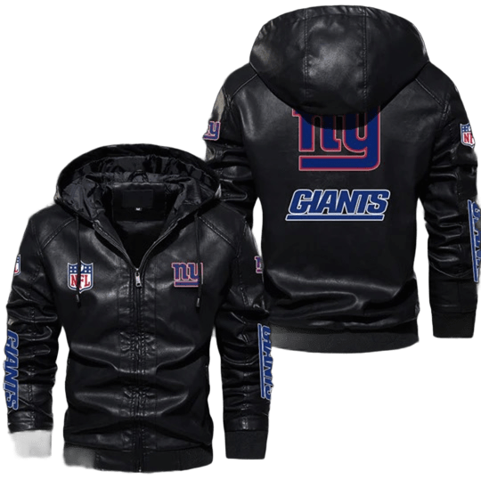 New York Giants NFL Leather Hooded Bomber Jacket, Stylish Sticker Patch Design