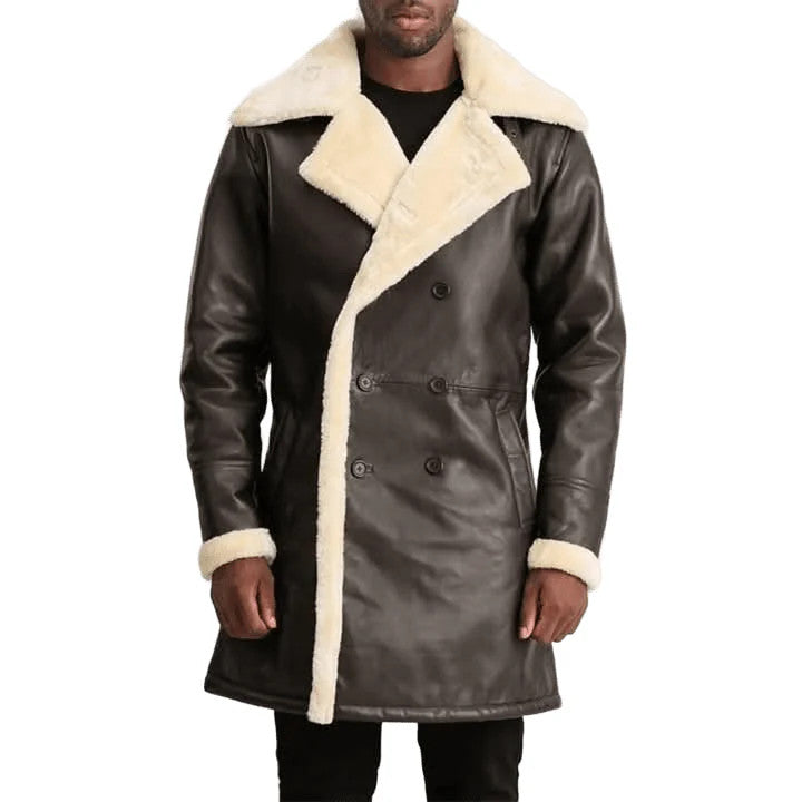 Luxury Men’s Shearling Leather Coat Fur Collar Long Winter Jacket
