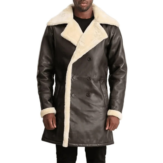 Luxury Men’s Shearling Leather Coat Fur Collar Long Winter Jacket
