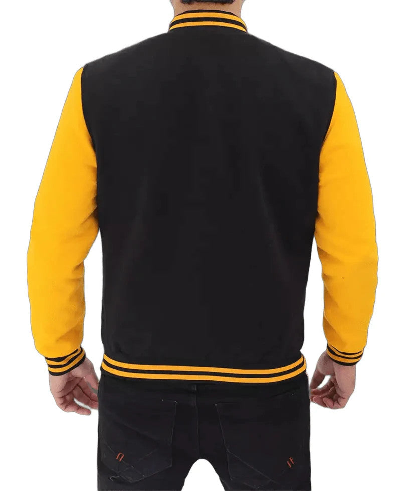 Mens Black and Yellow Letterman Jacket, Classic Baseball Bomber Style