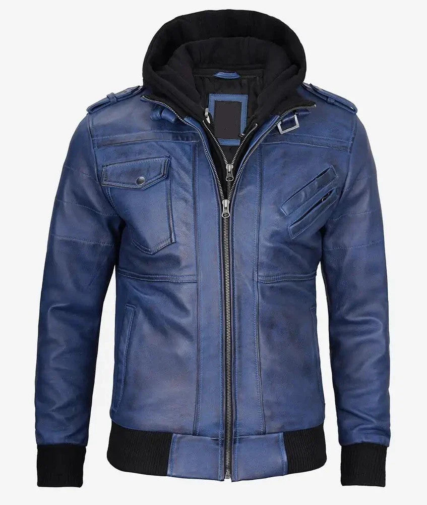 Mens Blue Sheep Leather Hooded Jacket, Bomber Style, Streetwear Look