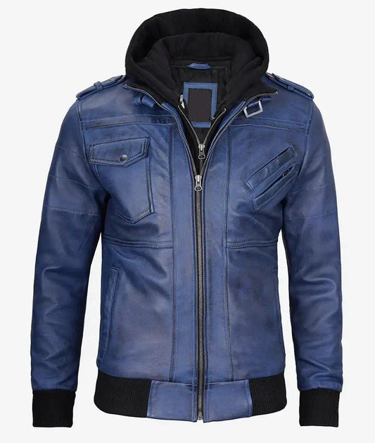 Mens Blue Sheep Leather Hooded Jacket, Bomber Style, Streetwear Look