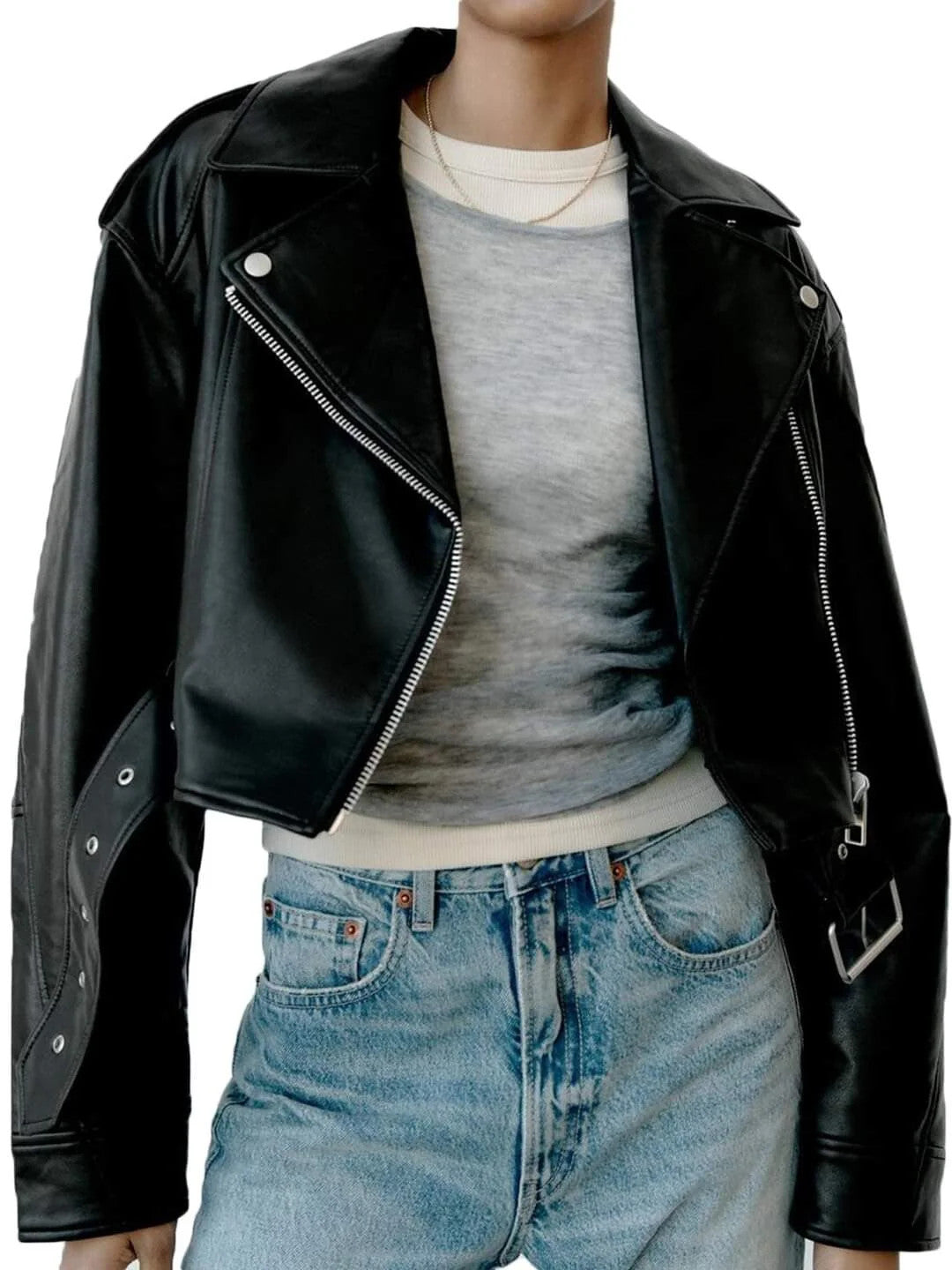Chic Women’s Zipper Leather Jacket, Classic Lapel, Short Style