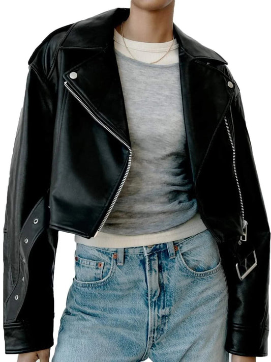 Chic Women’s Zipper Leather Jacket, Classic Lapel, Short Style
