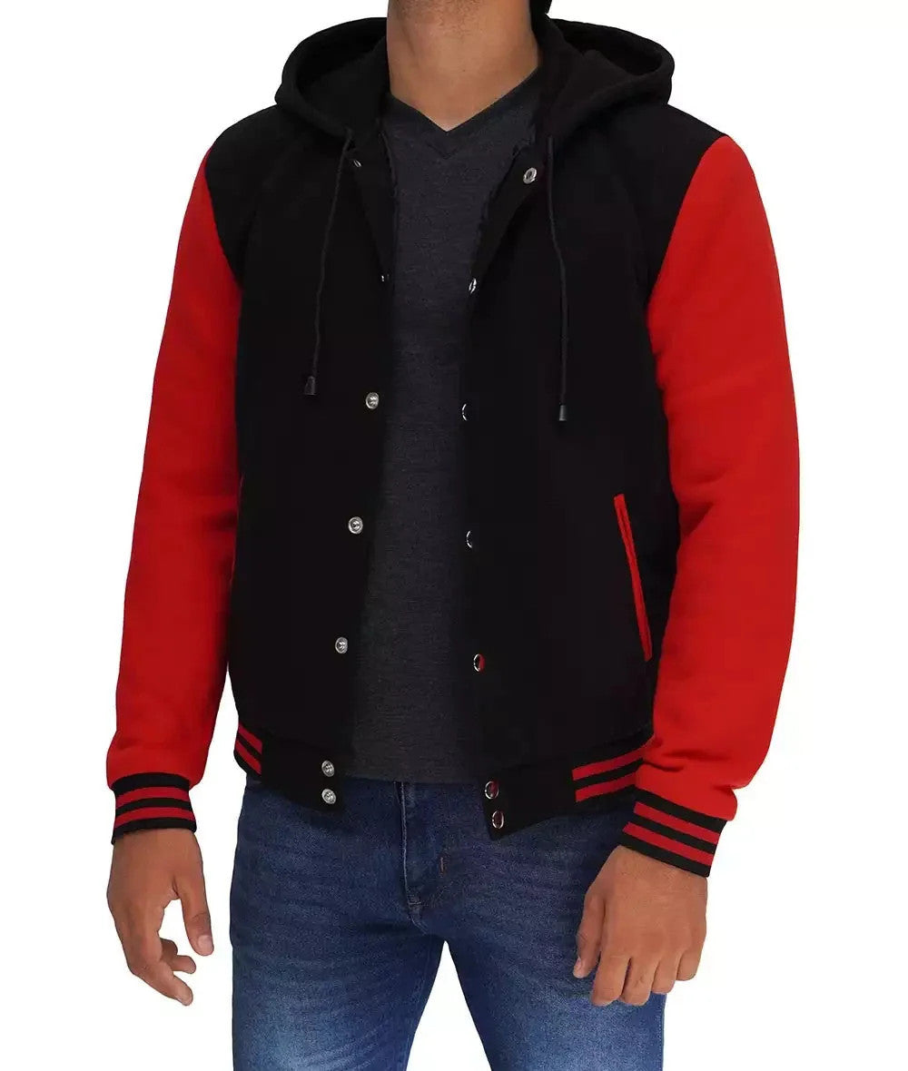 Salerno Black and Red Men’s Jacket, Hooded Varsity Look with Modern Edge