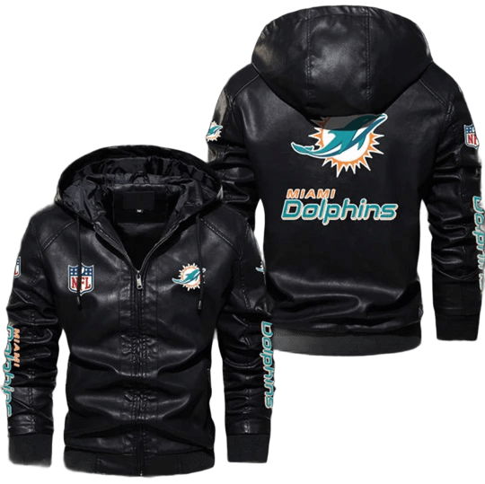 Miami Dolphins NFL Hooded Leather Bomber Jacket with Iconic Team Patches