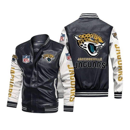Jacksonville Jaguars NFL Leather Bomber Jacket, Varsity Design with Team Patches