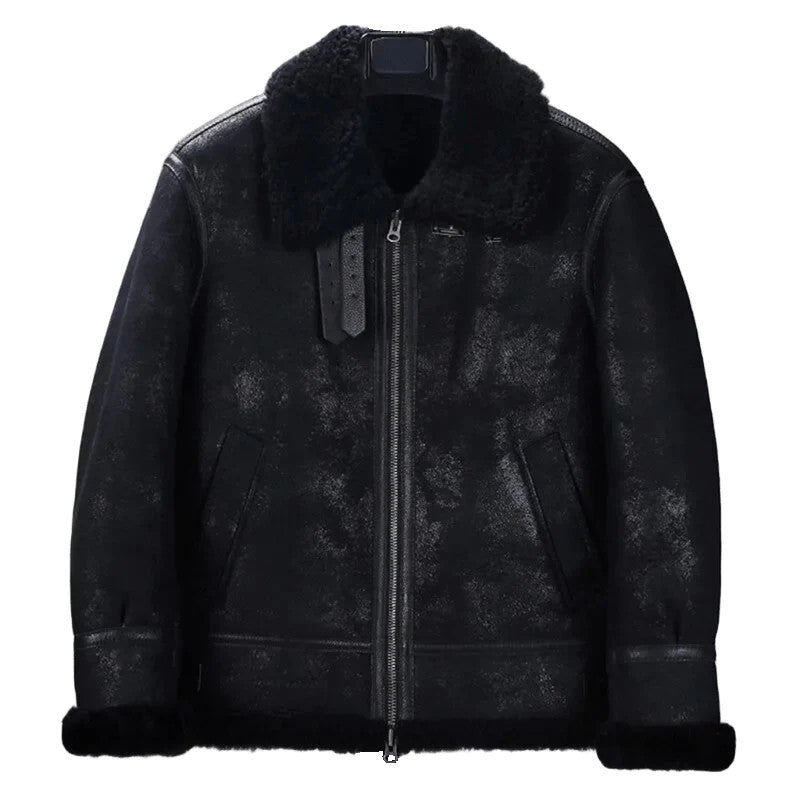 Cold Command Sheepskin Bomber, Buckled Precision, Midnight Leather Jacket