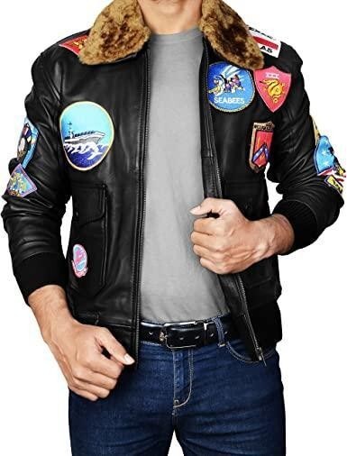 Mens Top Gun Maverick Bomber Leather Jacket, Tom Cruise Fur Collar Flight Coat