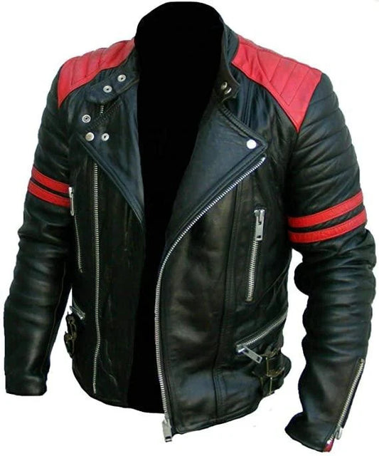 Brando Classic Black and Red Leather Biker Jacket, Vintage Motorcycle Style
