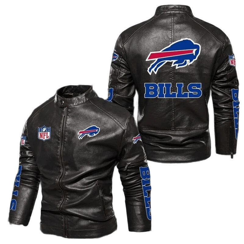 Buffalo Bills Leather Jacket Mens Vintage Bomber Coat Motorcycle Biker Jacket