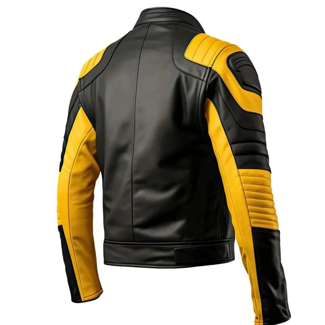 Mens Black and Yellow Bomber Jacket Motorcycle Jacket with Stand Collar