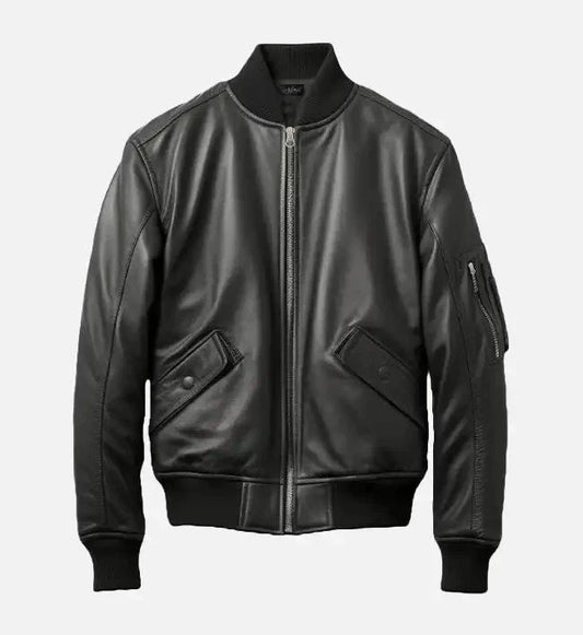 Mens Black Bomber Jacket Leather, Ribbed Waist, Dorm-to-Party Style