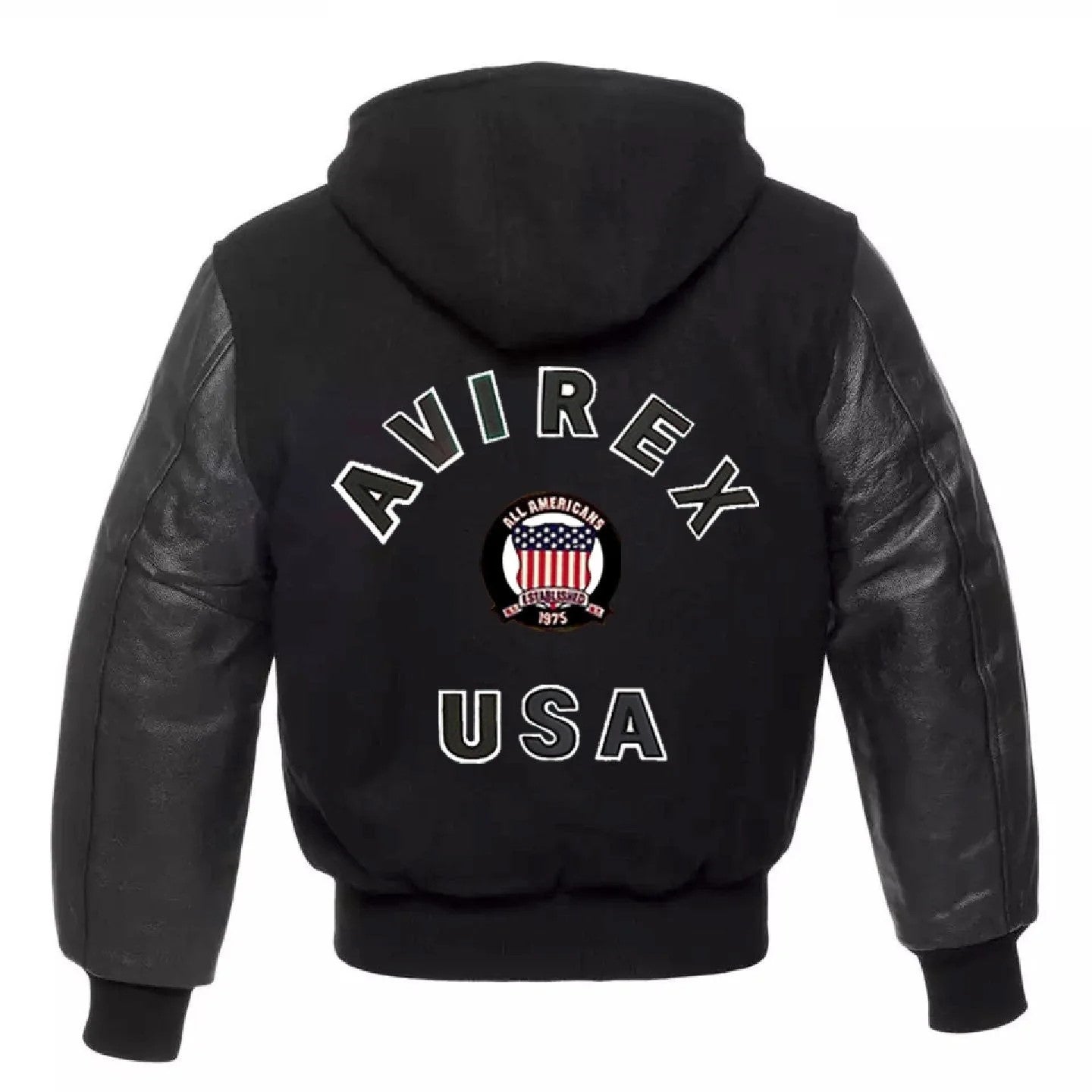 Avirex USA Varsity Hoodie Wool Jacket with Leather Sleeves, Americana Streetwear