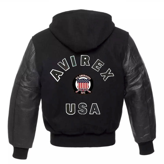 Avirex USA Varsity Hoodie Wool Jacket with Leather Sleeves, Americana Streetwear
