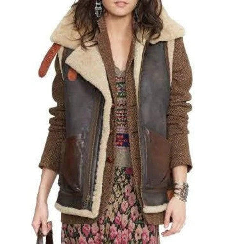 Winged Serenity Aviator Vest Distressed Shearling Leather for Women