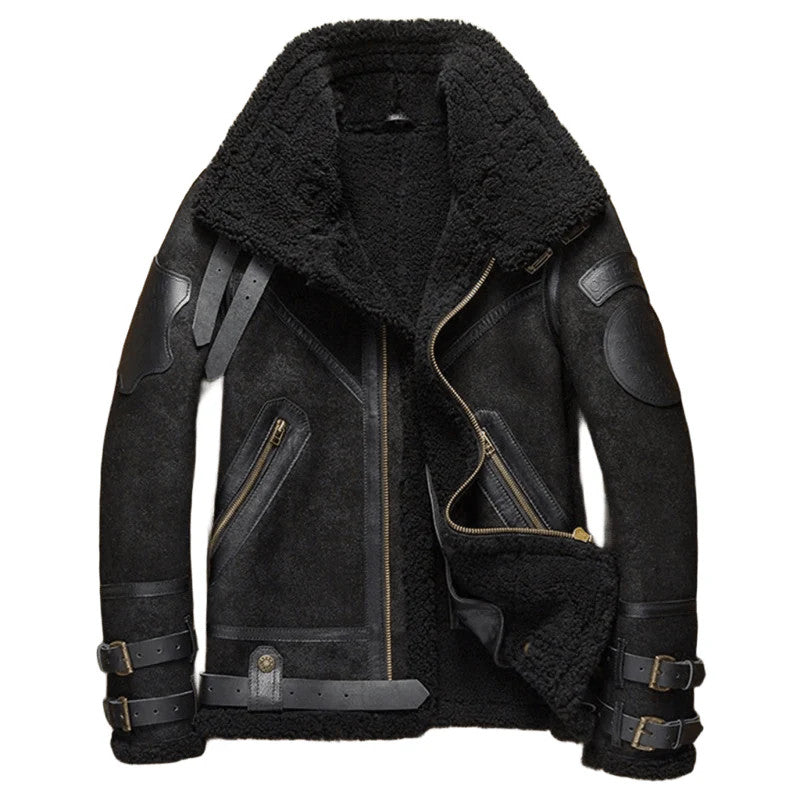 Crackhide B3 Aviator Mens Shearling Pilot Jacket in Distressed Black Leather