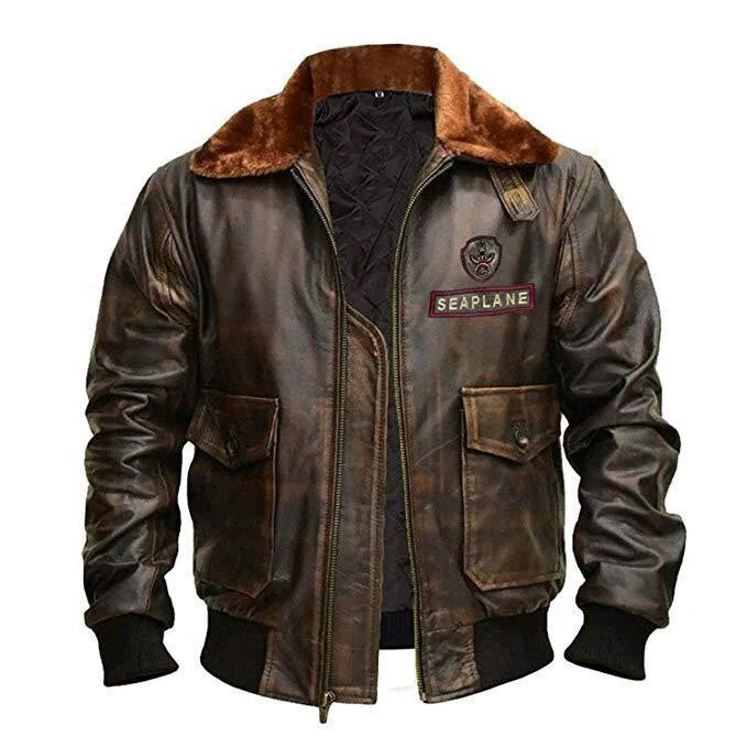Distressed Brown Leather Bomber Jacket, Mens Aviator Style with Fur Collar